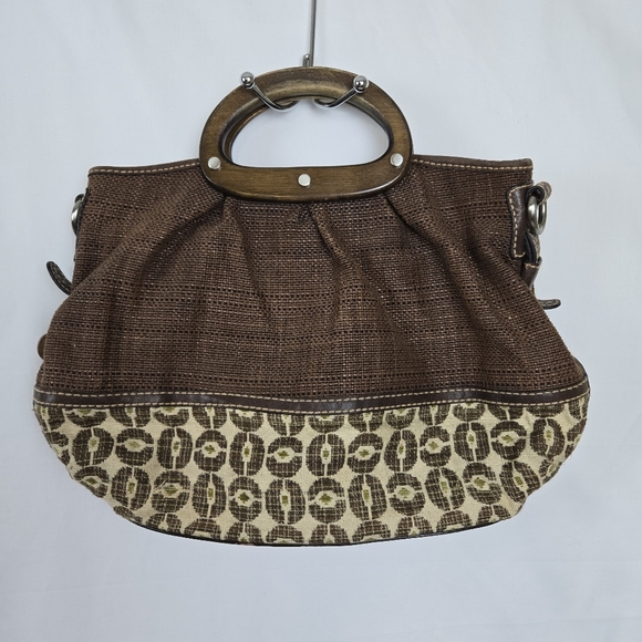 Fossil Brown Woven Raffia MCM Fabric Print Magnetic Snap Wood Handle Handbag Vtg - Picture 1 of 12